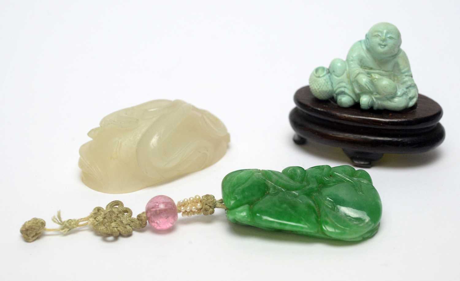 Lot 469 - Chinese turquoise figure; jadeite pendant, hardstone cup