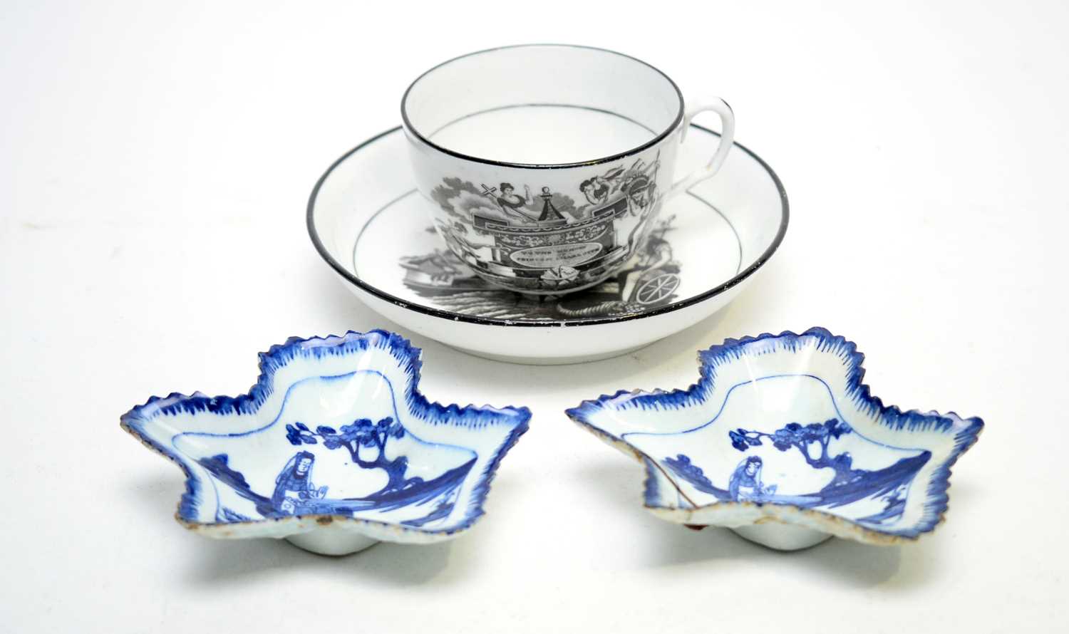 Lot 333 - Pair Bow pickle leaves, Princess Charlotte commemorative teacup and saucer.