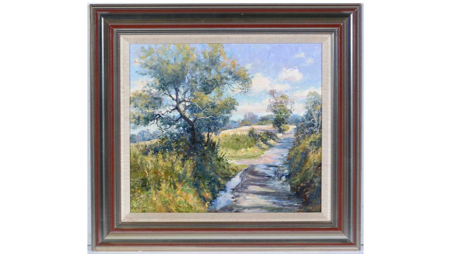 Lot 91 - Mervyn Goode - September Puddles in the Lane | oil