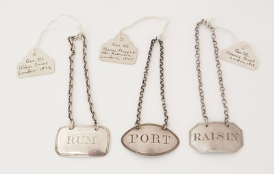 Lot 269 - Three silver wine labels, various styles and makers.