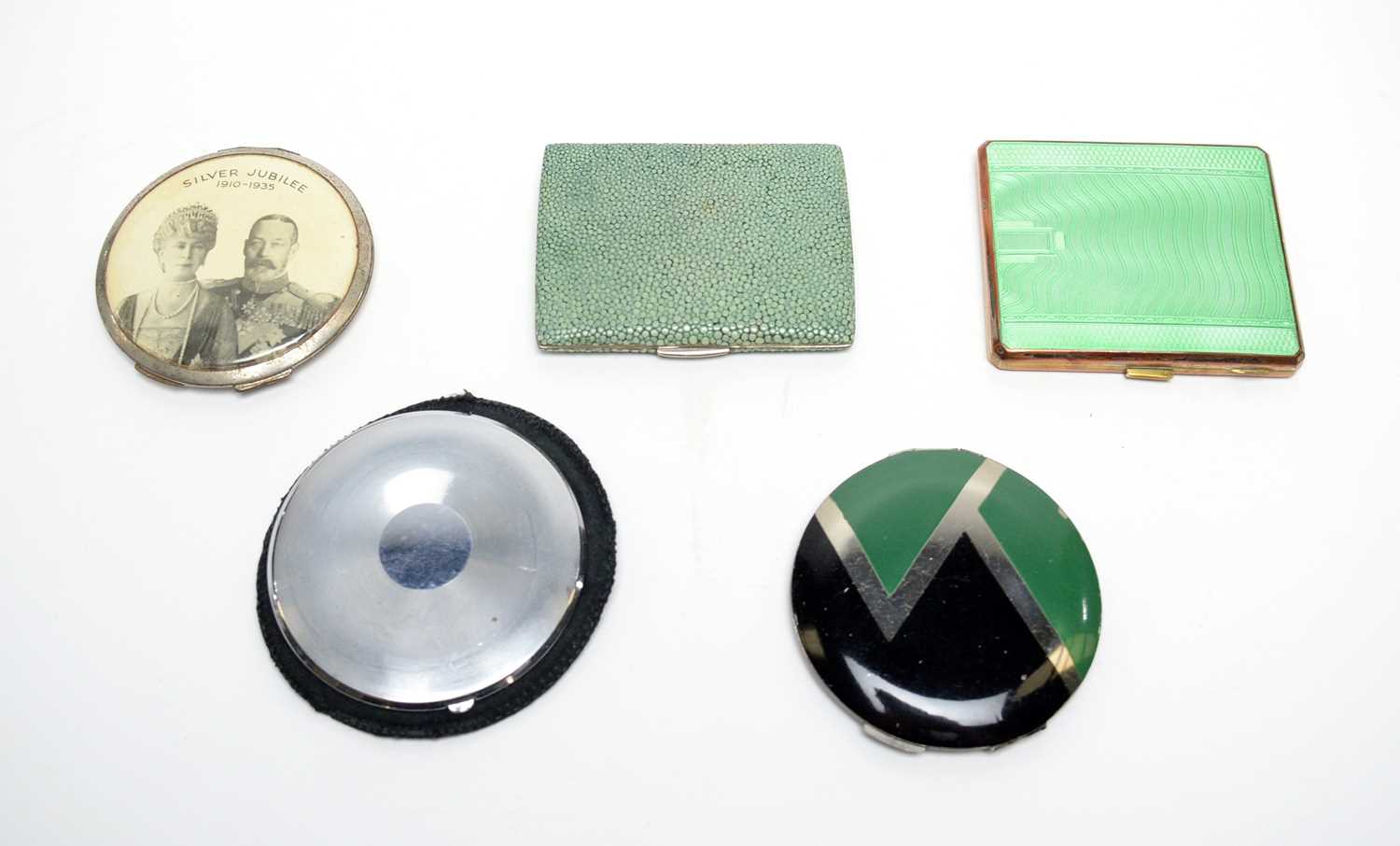 Lot 57 - 1930s powder compacts and cigarette cases, including a George V Silver Jubilee commemorative