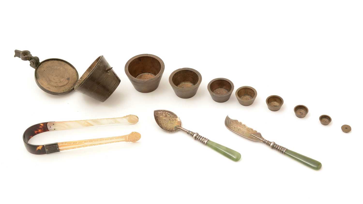 Lot 65 - A George V nephrite handled butter knife and jam spoon, and other items