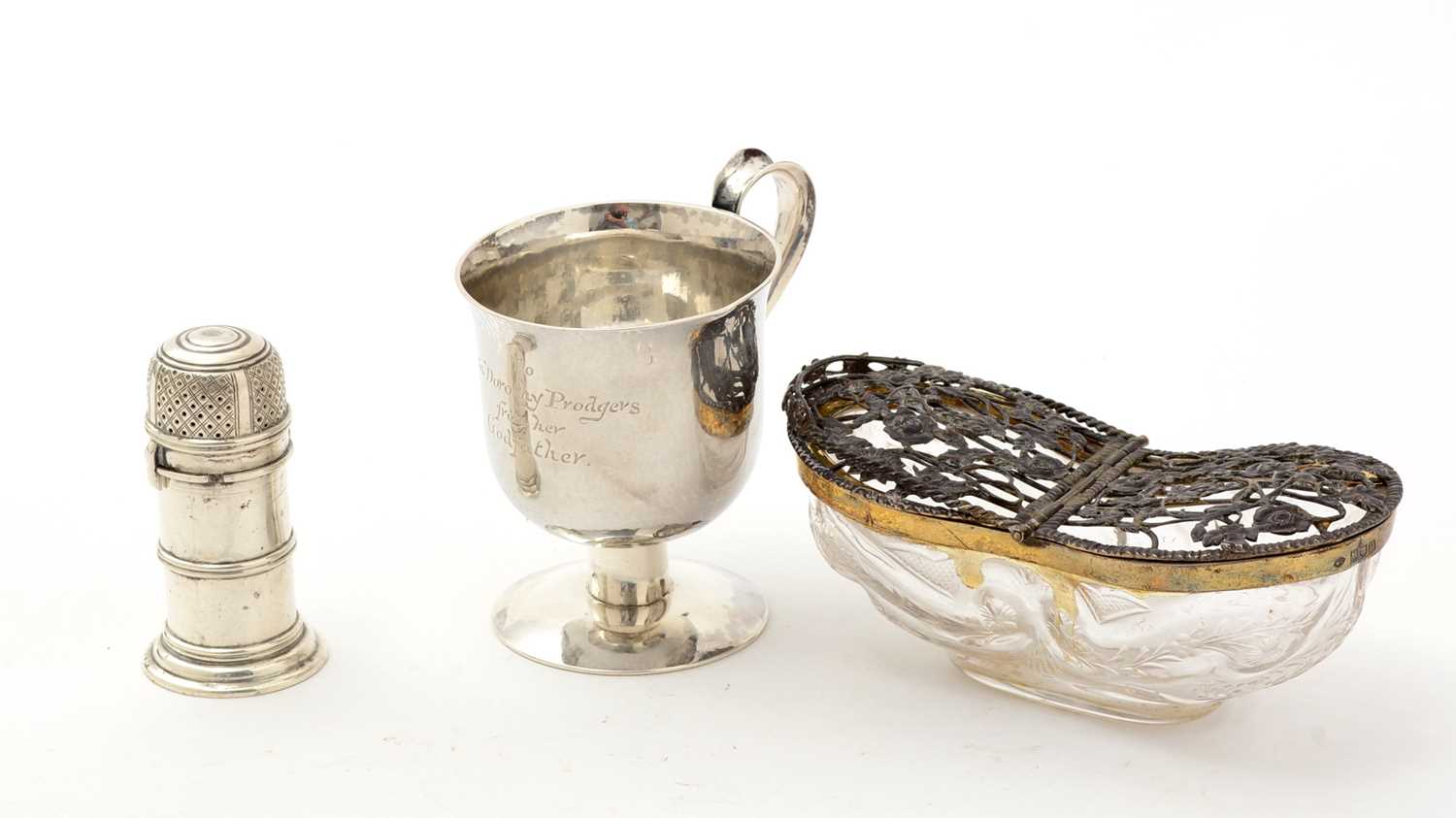 Lot 46 - An Edwardian silver gilt-mounted cut glass potpourri dish and other silver items