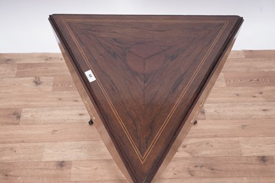 Lot 62 - An Edwardian inlaid rosewood triangular drop leaf occasional table