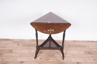 Lot 62 - An Edwardian inlaid rosewood triangular drop leaf occasional table