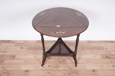 Lot 62 - An Edwardian inlaid rosewood triangular drop leaf occasional table