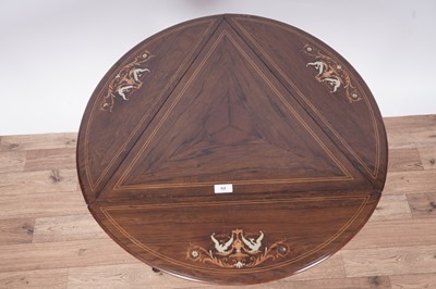 Lot 62 - An Edwardian inlaid rosewood triangular drop leaf occasional table
