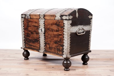 Lot 105 - A substantial vintage oak and silvered metal bound dome top blanket box