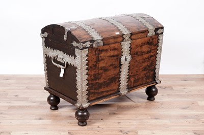 Lot 105 - A substantial vintage oak and silvered metal bound dome top blanket box