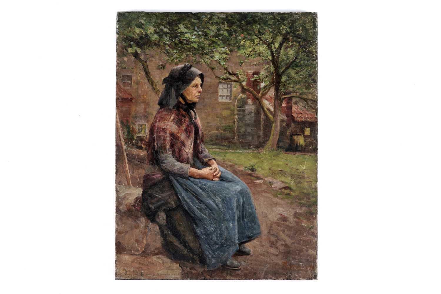 Lot 204 - Isa Jobling - Portrait of a widowed fisherwoman in a black Staithes bonnet | oil
