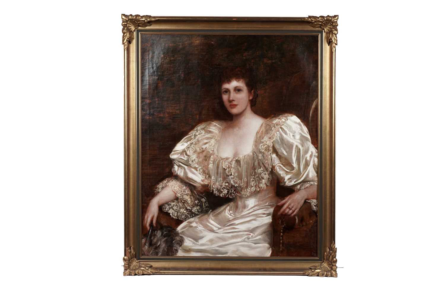 Lot 319 - John Hanson Walker - Three-quarter length portrait of a lady in a white silk evening gown | oil