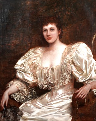 Lot 319 - John Hanson Walker - Three-quarter length portrait of a lady in a white silk evening gown | oil