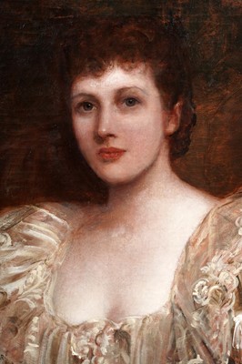 Lot 319 - John Hanson Walker - Three-quarter length portrait of a lady in a white silk evening gown | oil