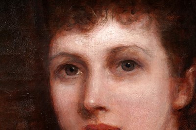 Lot 319 - John Hanson Walker - Three-quarter length portrait of a lady in a white silk evening gown | oil