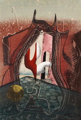Lot 508 - John Tunnard - Matrix | watercolour over black chalk highlighted with scratching out