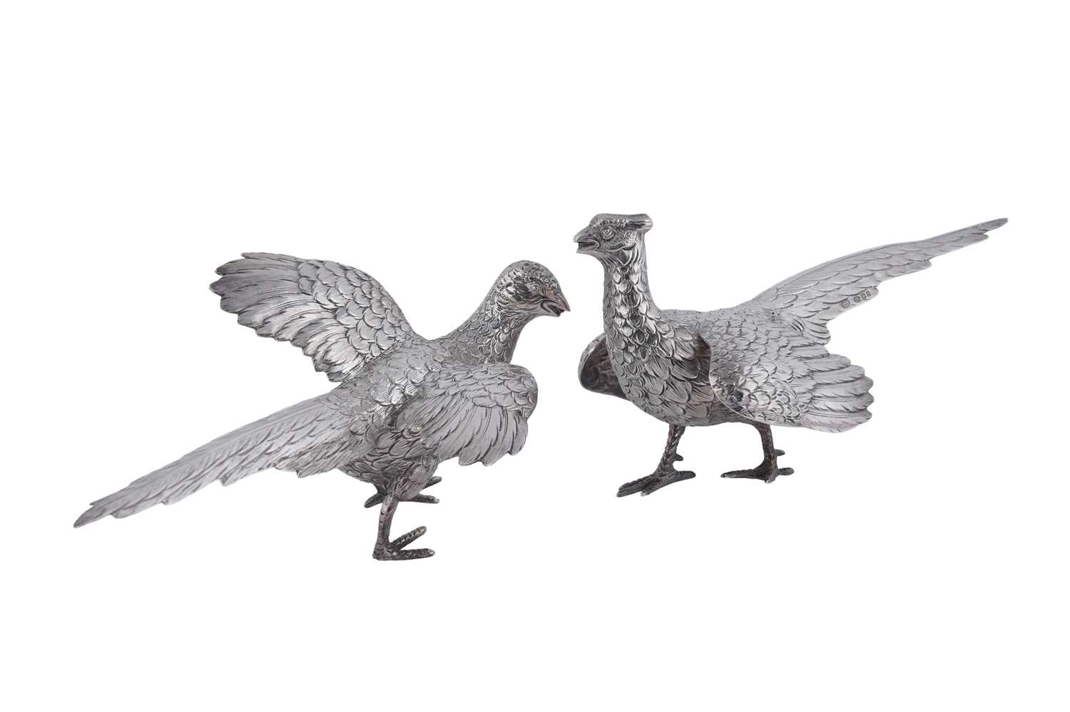 Lot 7 - A pair of continental silver table decorations in the form of a hen and a cock pheasant