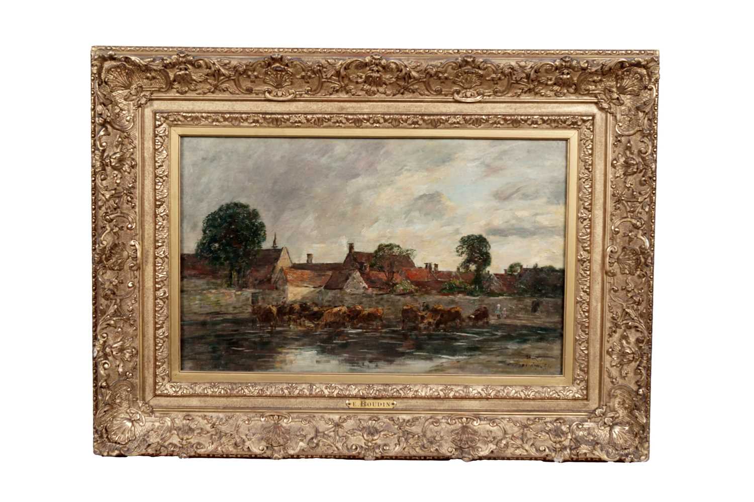 Lot 225 - Eugene Boudin - Village scene with cattle watering | oil