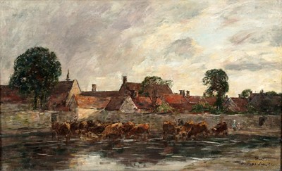 Lot 225 - Eugene Boudin - Village scene with cattle watering | oil