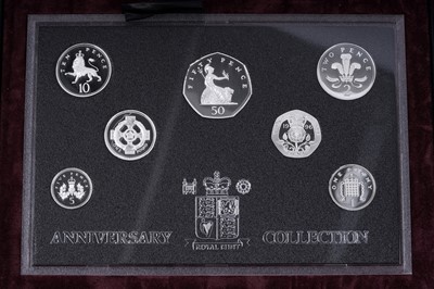 Lot 371 - Two Royal Mint sets of Anniversary silver proof coins and two others