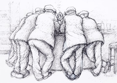 Lot 282 - Norman Cornish - Five Men at Bar | Flo-Master pen