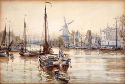 Lot 377 - Charles John de Lacy - Dutch harbour scene | watercolour