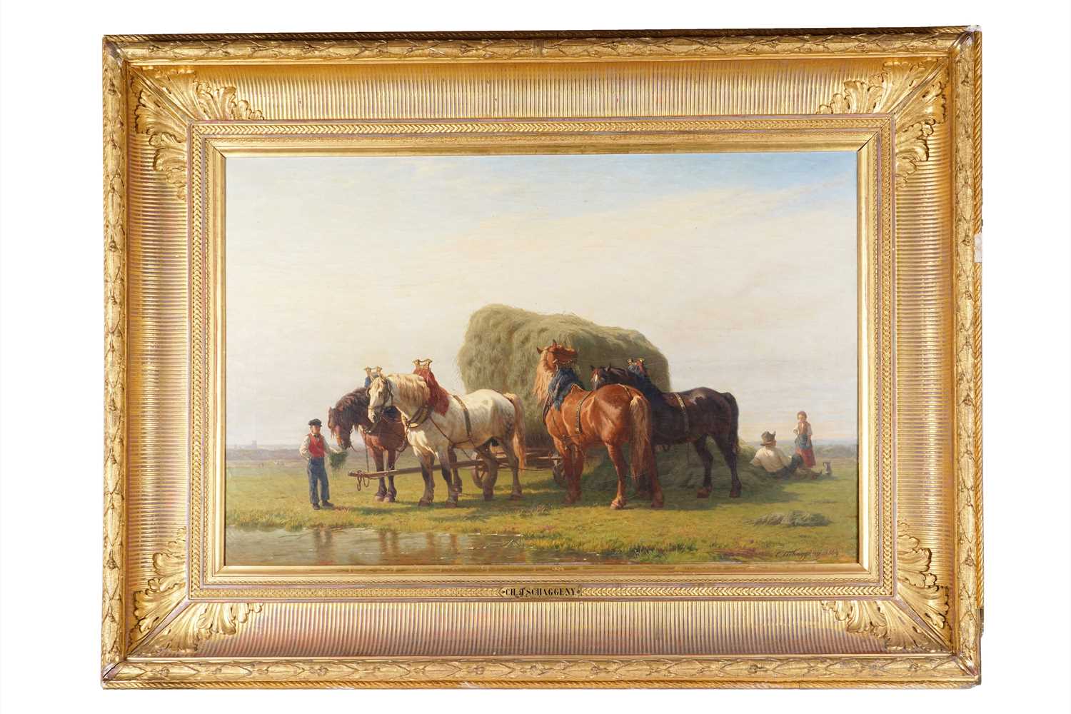 Lot 224 - Charles Philogene Tschaggeny - Hay cart and horses by a stream | oil