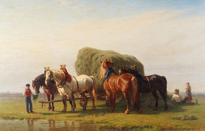 Lot 224 - Charles Philogene Tschaggeny - Hay cart and horses by a stream | oil