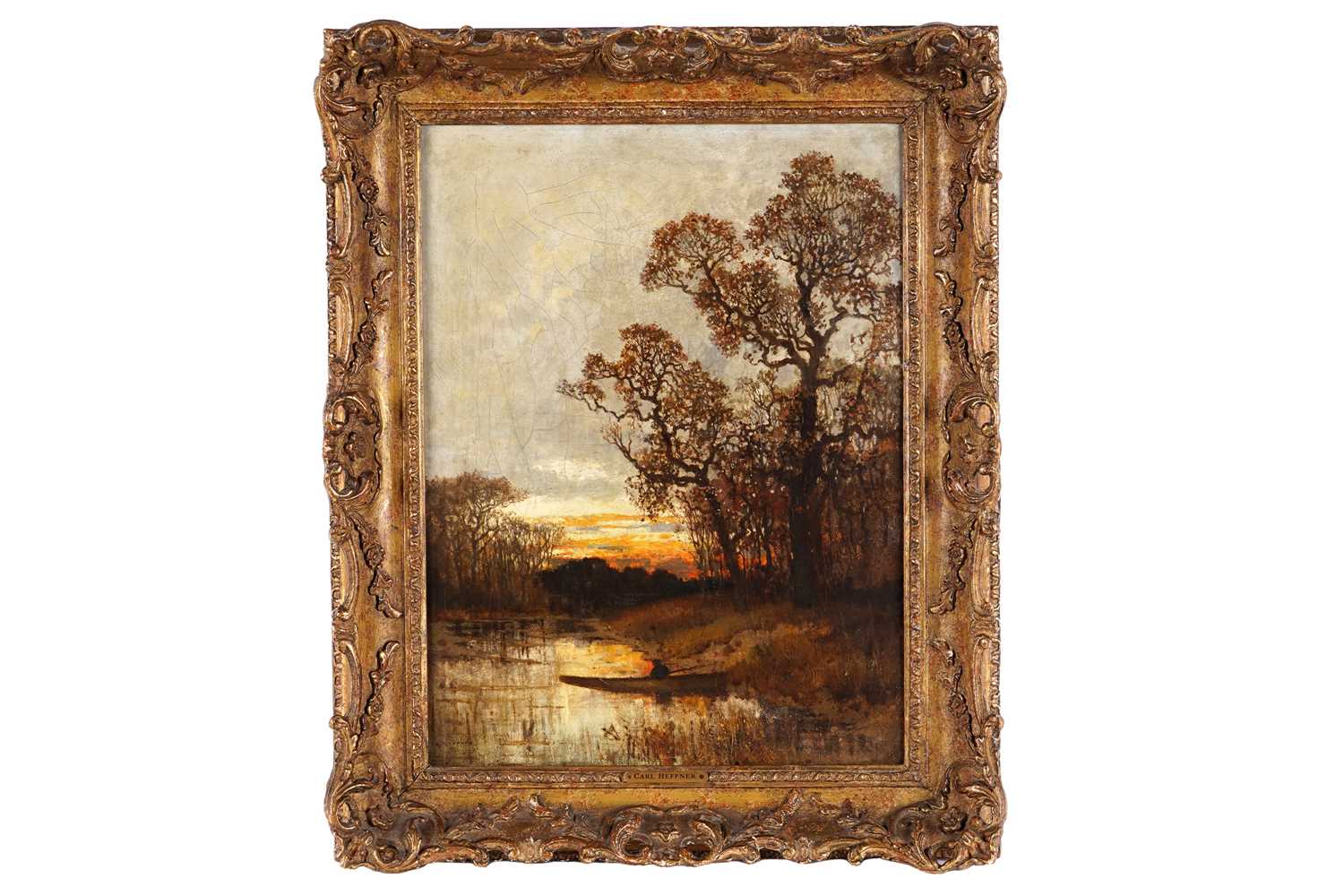 Lot 226 - Karl Heffner - Sunset with figure in a boat | oil