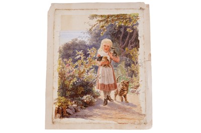 Lot 362 - Helena Maguire - A young girl walking with cats and kittens | watercolour