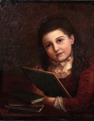 Lot 318 - Fredrick Bates - Portrait of a girl with a blackboard | oil