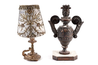 Lot 497 - An Italian carved pine and gesso twin handled urn; and a gilded pine and gesso lamp