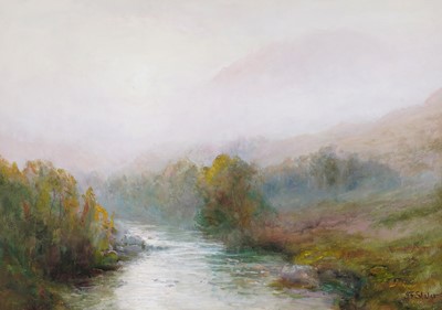 Lot 324 - John Falconar Slater - River scene with mountains | oil