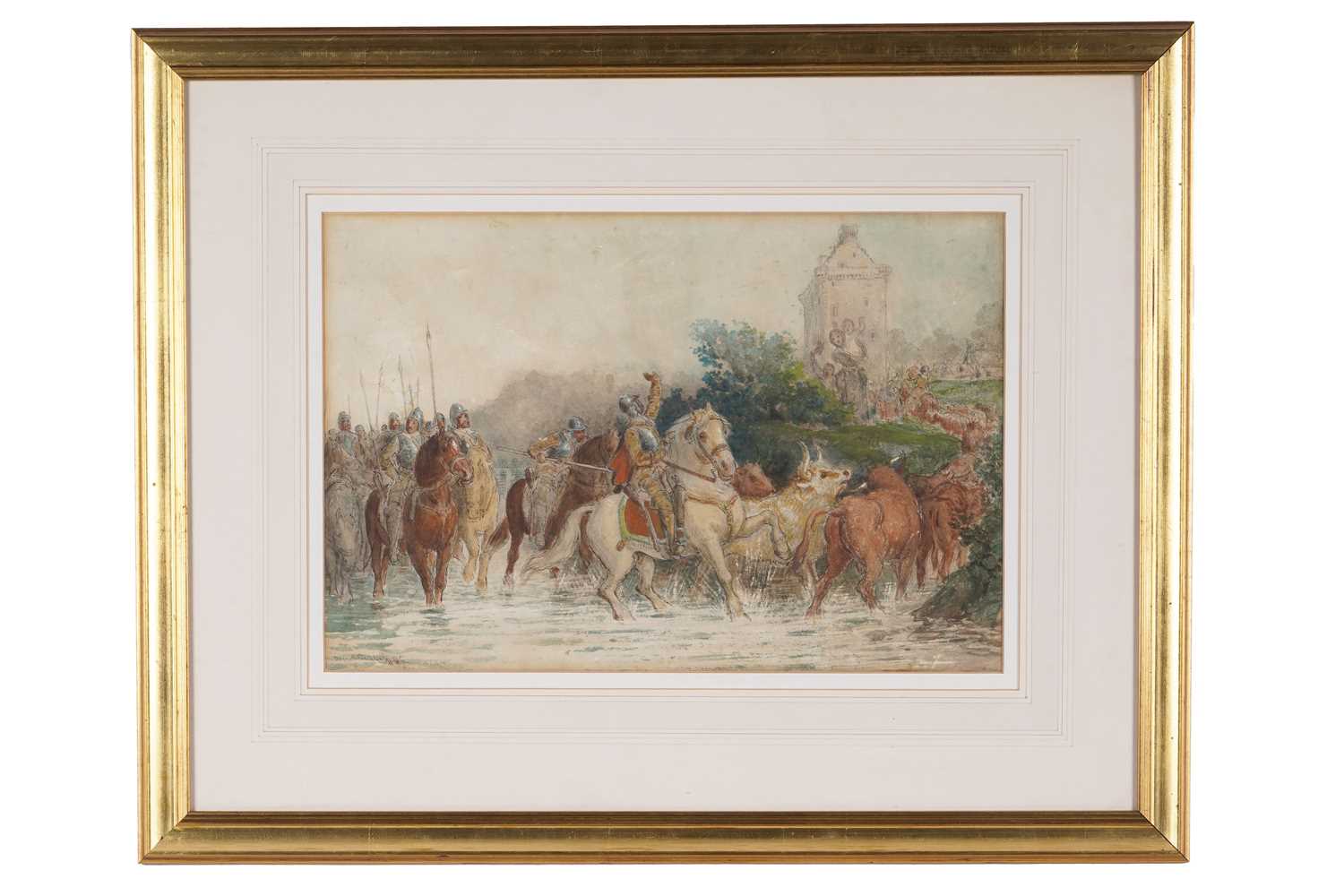 Lot 387 - H.H. Emmanuel - Harquebusiers leaving for battle with cattle in a stream | watercolour