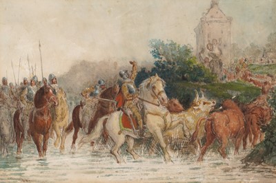 Lot 387 - H.H. Emmanuel - Harquebusiers leaving for battle with cattle in a stream | watercolour