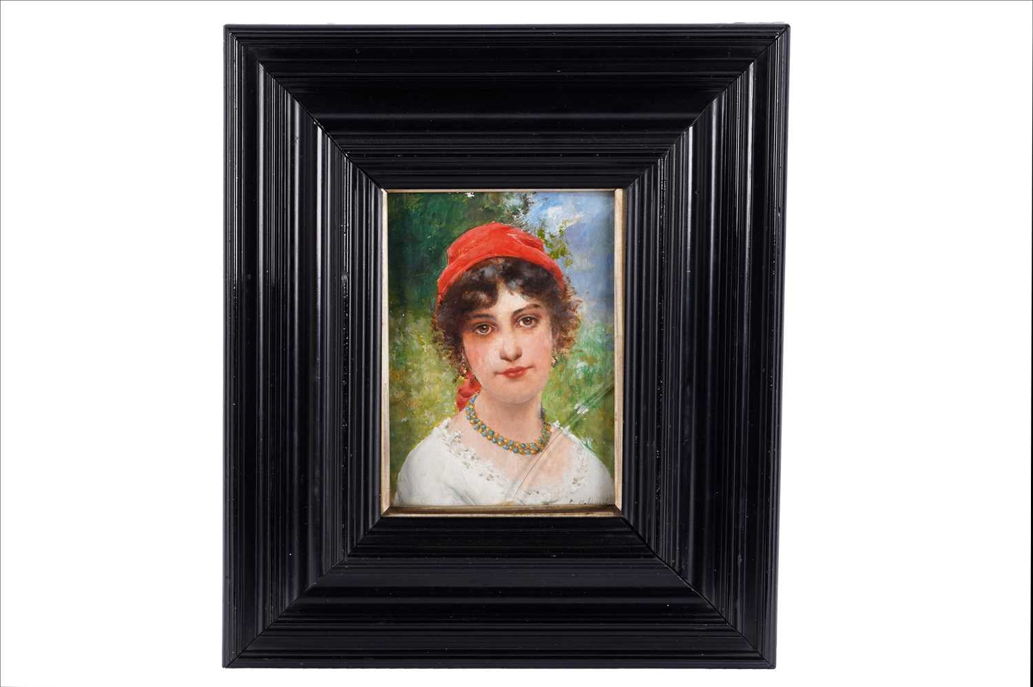Lot 237 - Leo Malempre - Girl in red headdress | oil
