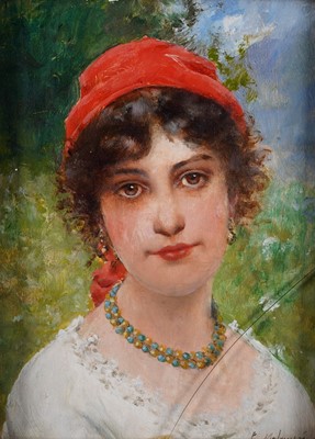 Lot 237 - Leo Malempre - Girl in red headdress | oil