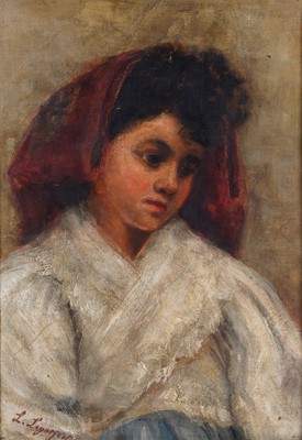 Lot 317 - L. Lightfoot - Girl in red headscarf | oil