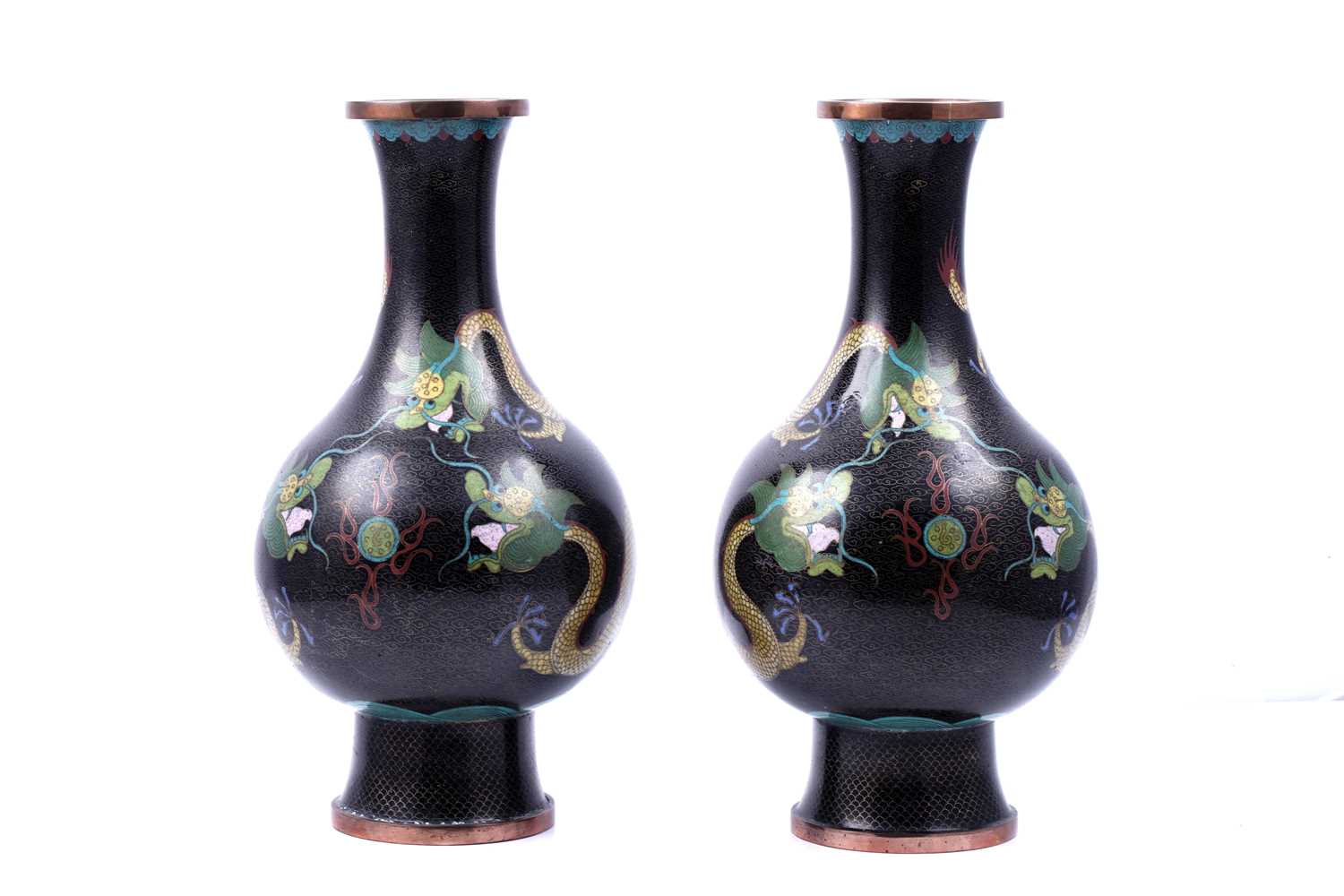 Lot 348 - A pair of Chinese cloisonne dragon vases