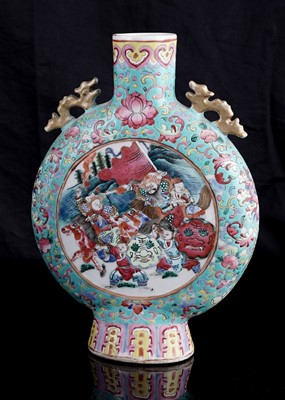 Lot 306 - A pair of Cantonese 'famille rose' moon flasks