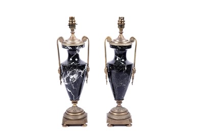 Lot 494 - A pair of French Empire-style brass-mounted marble table lamps