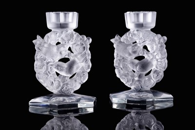 Lot 54 - A pair Lalique 'Mesanges' candlesticks