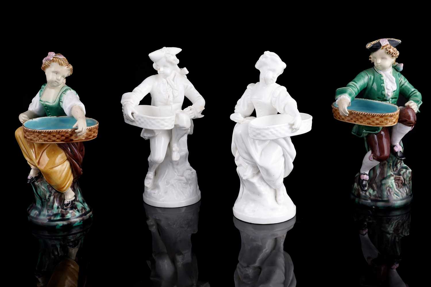 Lot 413 - Two pairs of Minton majolica sweetmeat figures