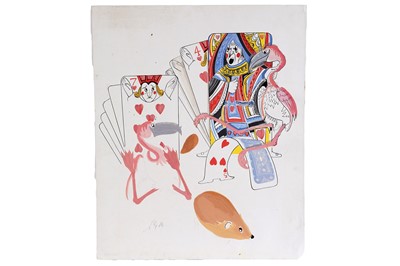 Lot 351 - Sheila Gertrude Mackie - Queen of Hearts with flamingos | ink