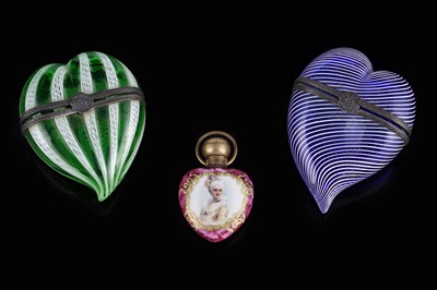 Lot 473 - Two Murano glass heart-shaped bonbonnieres; and a scent bottle