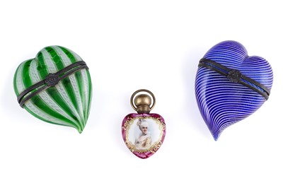 Lot 473 - Two Murano glass heart-shaped bonbonnieres; and a scent bottle
