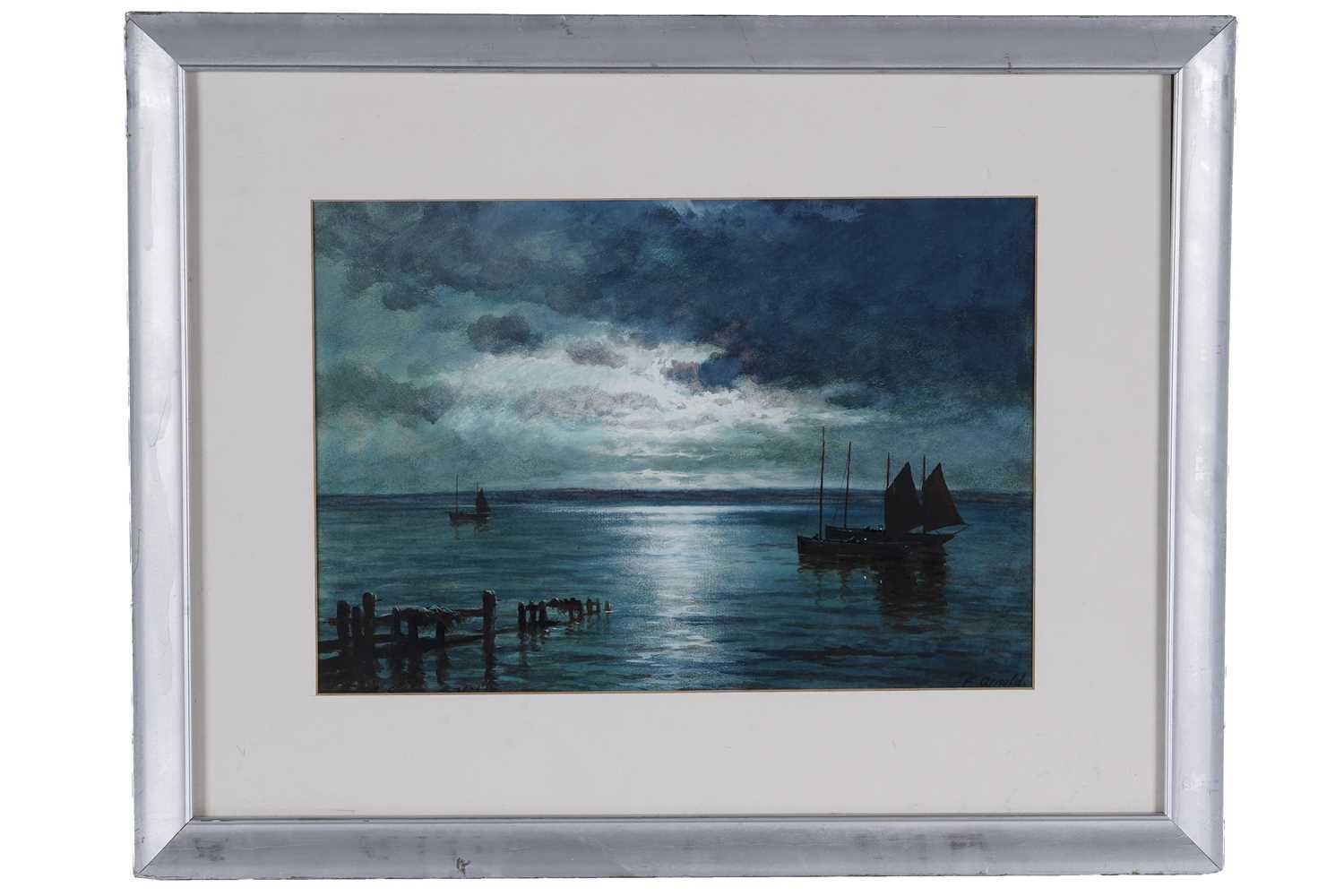 Lot 390 - F. Arnold - Moonlit scene with two boats - watercolour