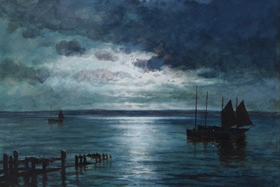 Lot 390 - F. Arnold - Moonlit scene with two boats - watercolour