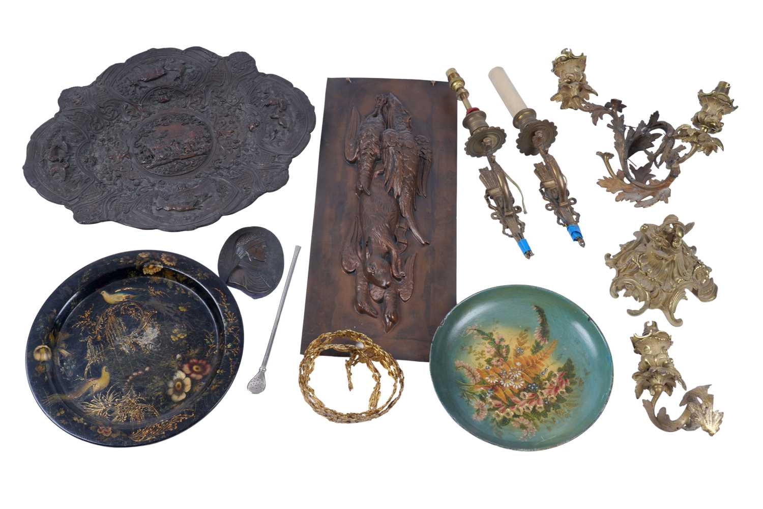 Lot 476 - An early 20th Century repoussé copper panel; and other items