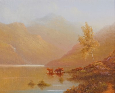 Lot 330 - Raymond Alfred Gilronan - Highland cattle in a Scottish Loch | oil