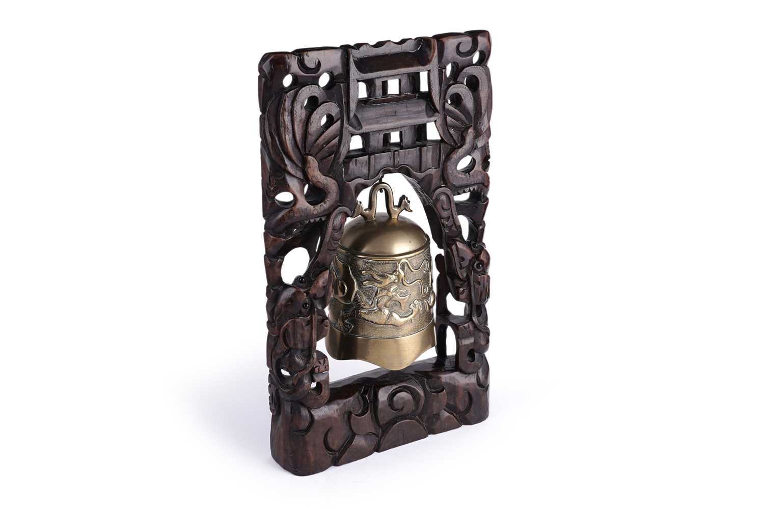 Lot 349 - A Chinese cast bronze bell and stand